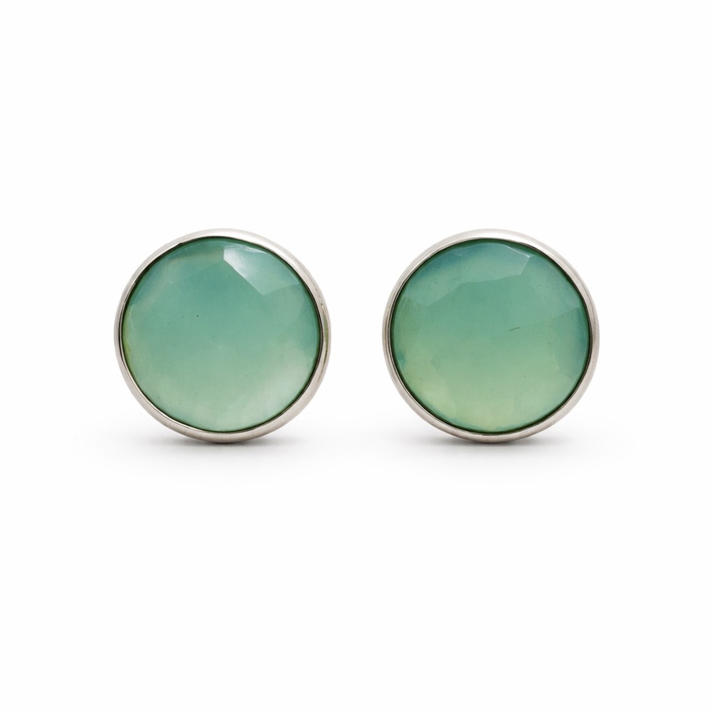 925 Green Chalcedony Round Gemstone Stud Earrings
